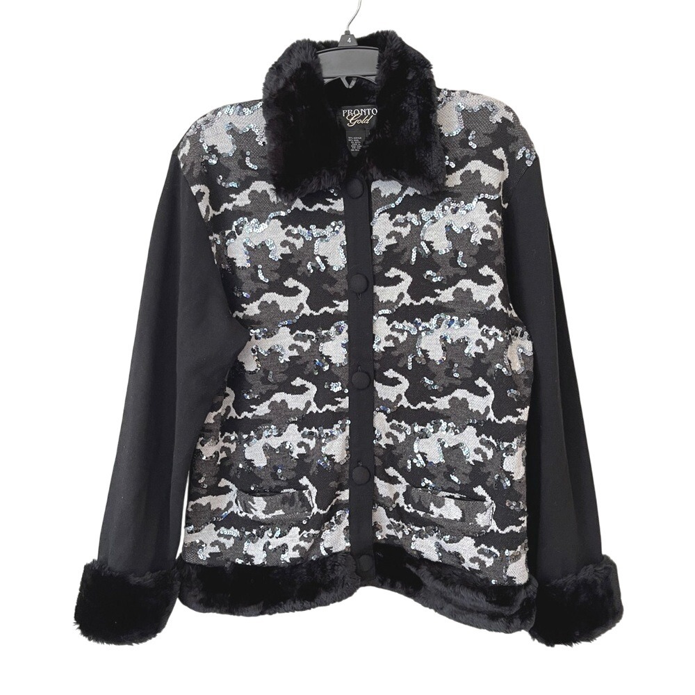 Pronto Gold Sequin‎ Camo Faux Fur Collar Trim Sweater Jacket Black Wool Blend M